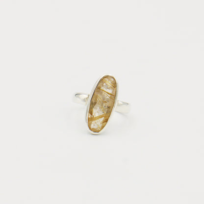 Rutilated Quartz Long Oval Sterling Ring Size 7.5