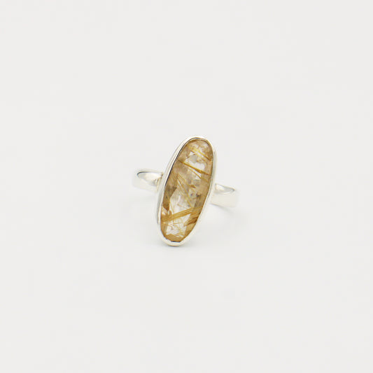 Rutilated Quartz Long Oval Sterling Ring Size 7.5