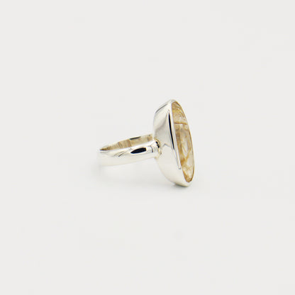 Rutilated Quartz Long Oval Sterling Ring Size 7.5