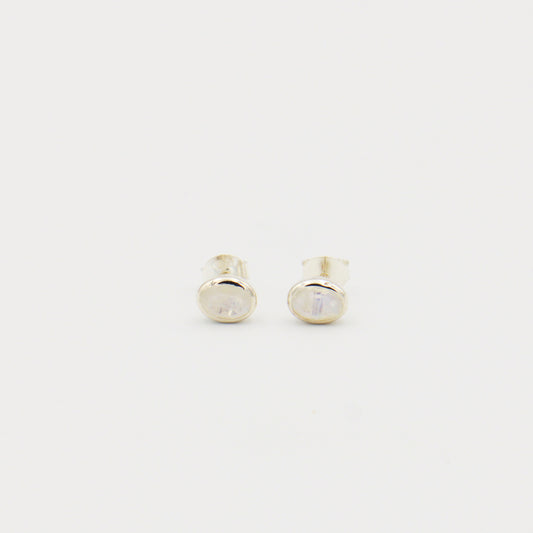Rainbow Moonstone Oval Bezel Sterling Studs
