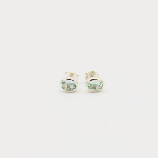 Aquamarine Oval Bezel Sterling Studs