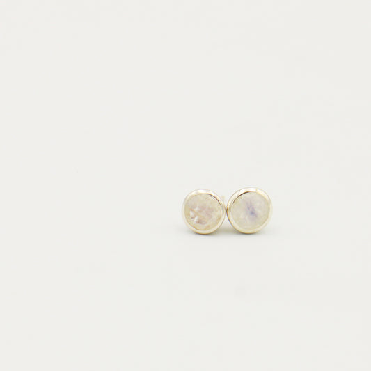 Rainbow Moonstone Round Bezel Sterling Studs