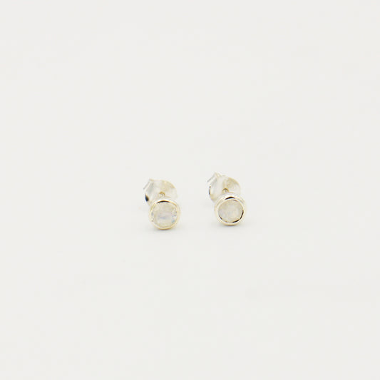 Rainbow Moonstone Small Round Bezel Sterling Studs