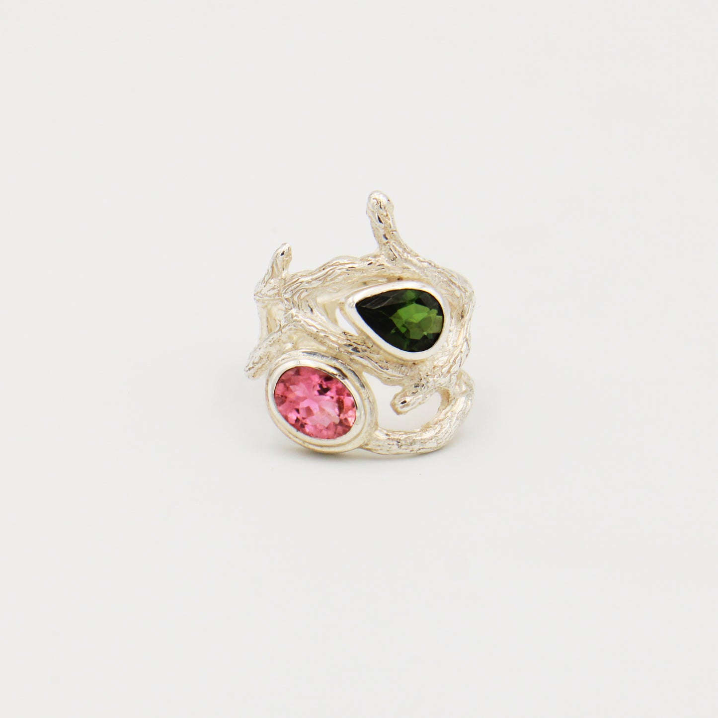 Pink & Green Tourmaline Sterling Branch Ring Size 8