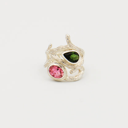Pink & Green Tourmaline Sterling Branch Ring Size 8