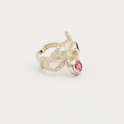 Pink & Green Tourmaline Sterling Branch Ring Size 8