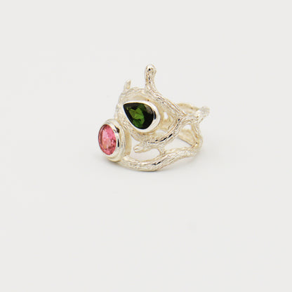 Pink & Green Tourmaline Sterling Branch Ring Size 8