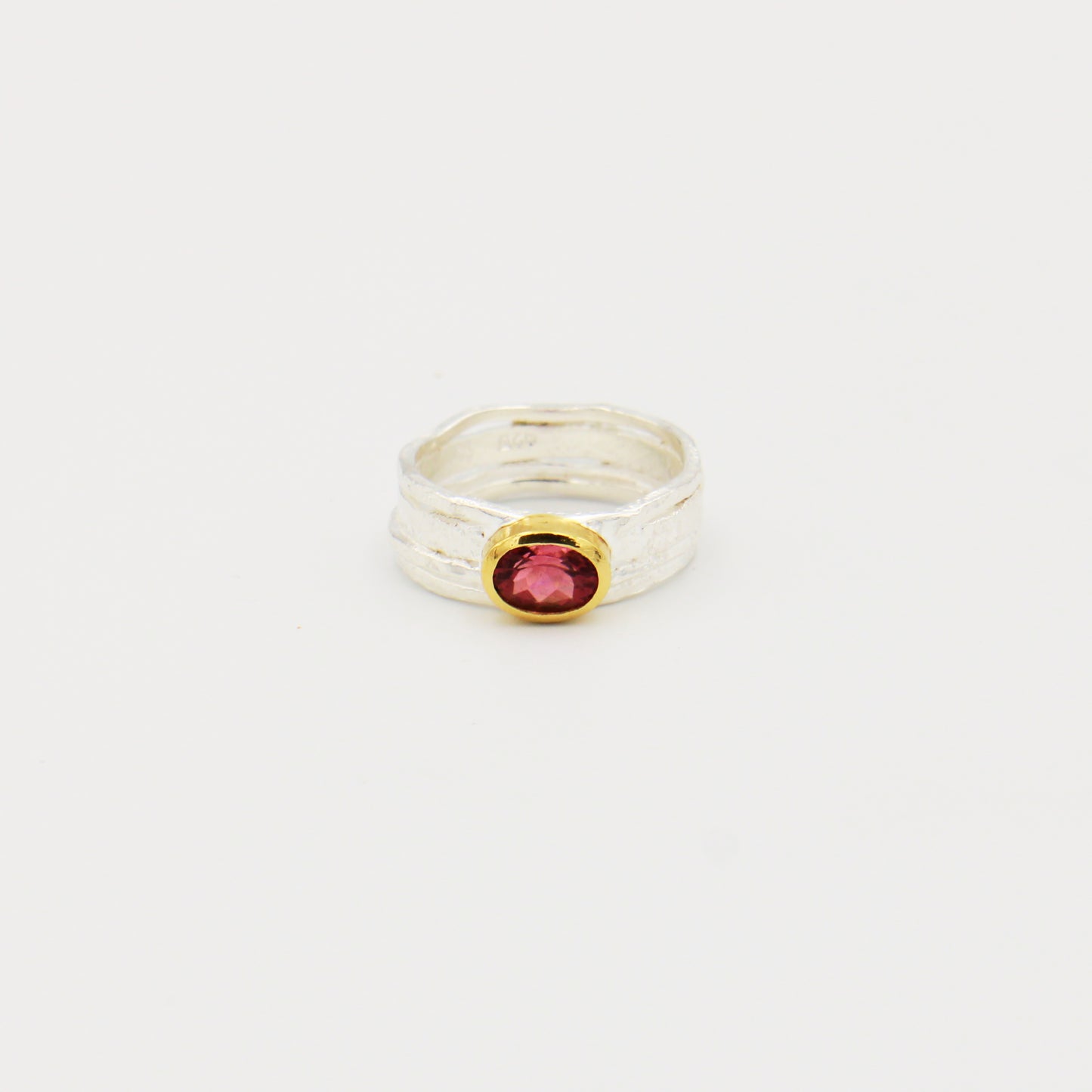 Pink Tourmaline Rustic Wide GP Sterling Ring Sz 7