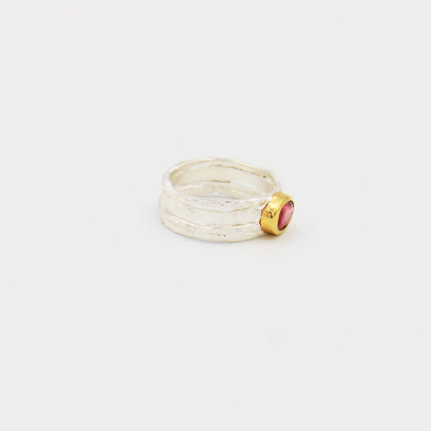 Pink Tourmaline Rustic Wide GP Sterling Ring Sz 7