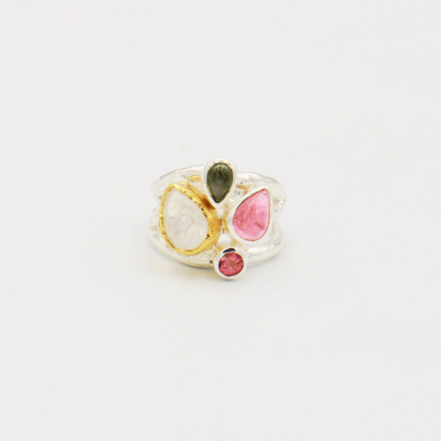 Moonstone & Tourmaline GP Sterling Branch Ring Sz 9