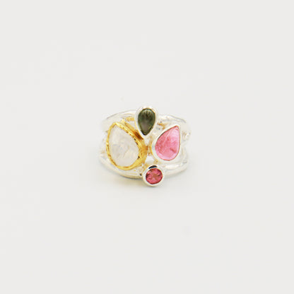 Moonstone & Tourmaline GP Sterling Branch Ring Sz 9