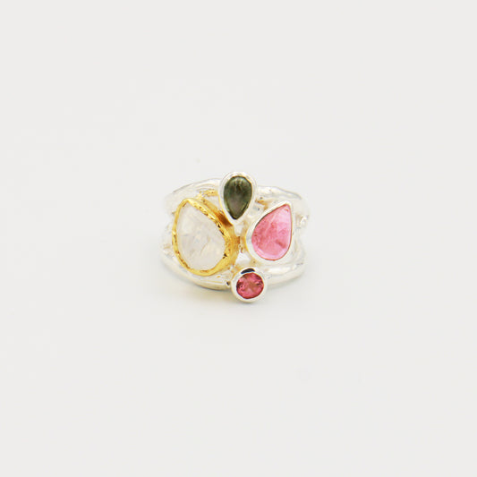 Moonstone & Tourmaline GP Sterling Branch Ring Sz 9