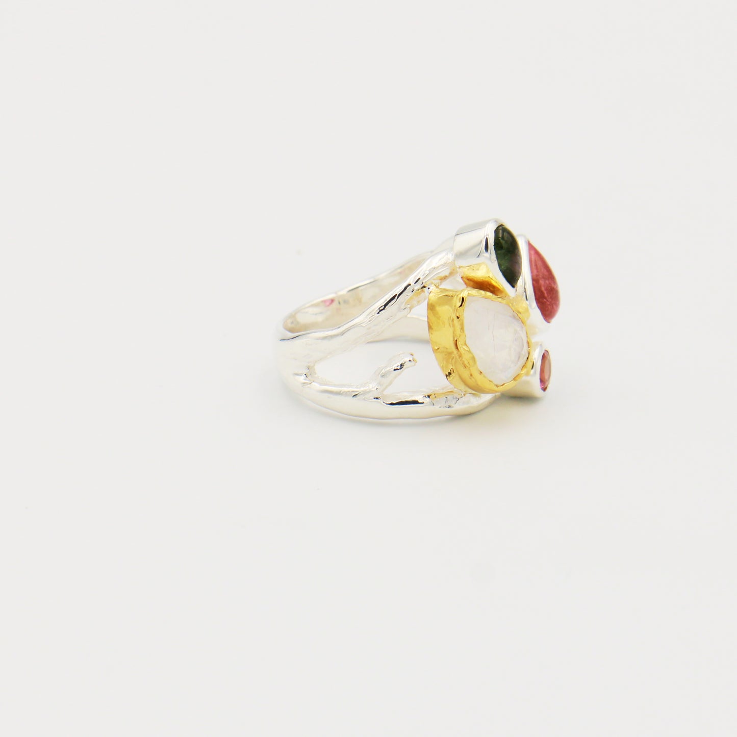 Moonstone & Tourmaline GP Sterling Branch Ring Sz 9