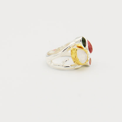 Moonstone & Tourmaline GP Sterling Branch Ring Sz 9