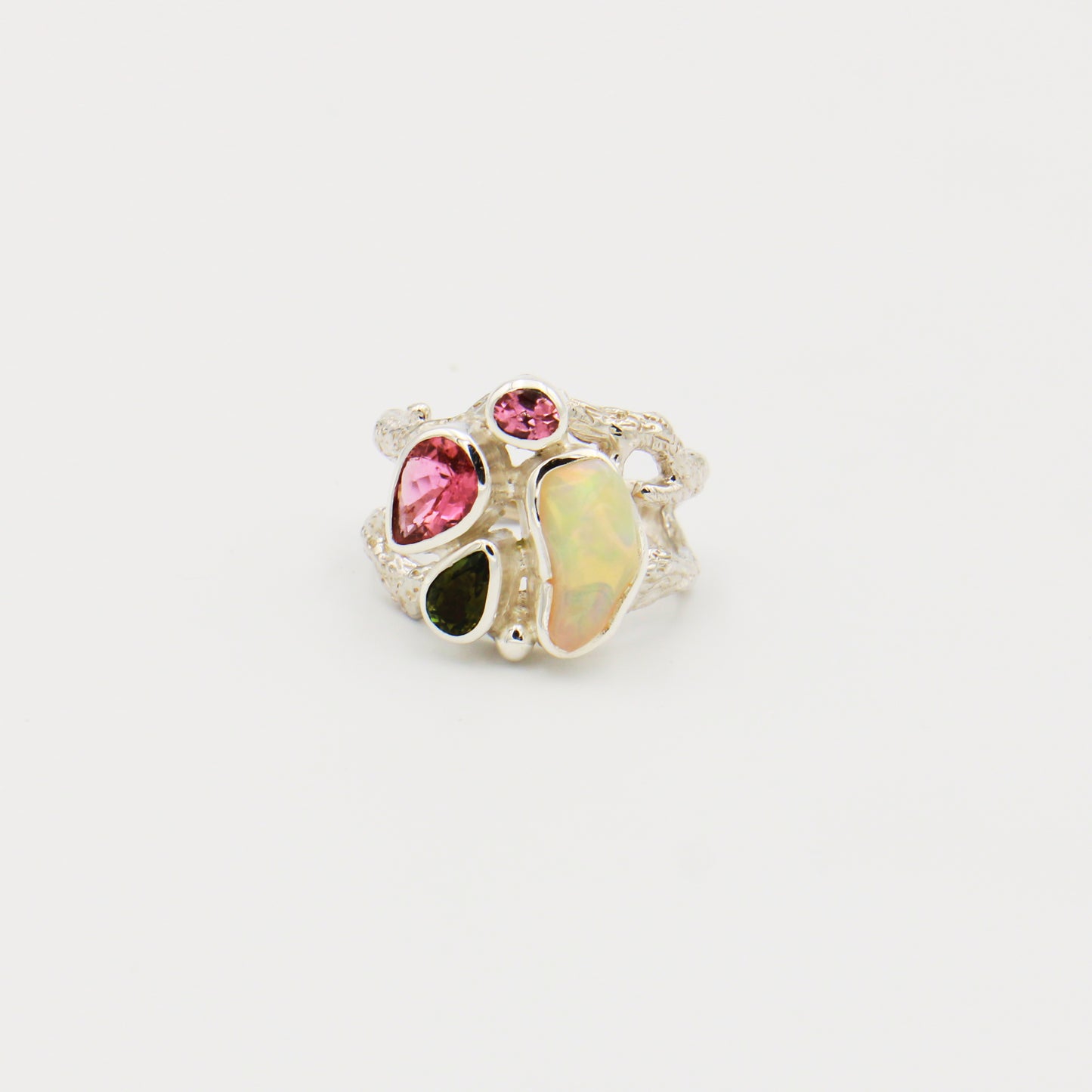 Ethiopian Opal & Tourmaline Sterling Branch Ring Size 8