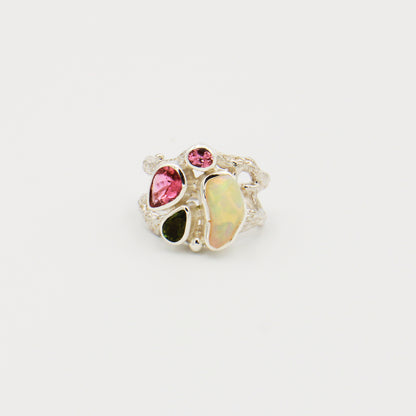 Ethiopian Opal & Tourmaline Sterling Branch Ring Size 8