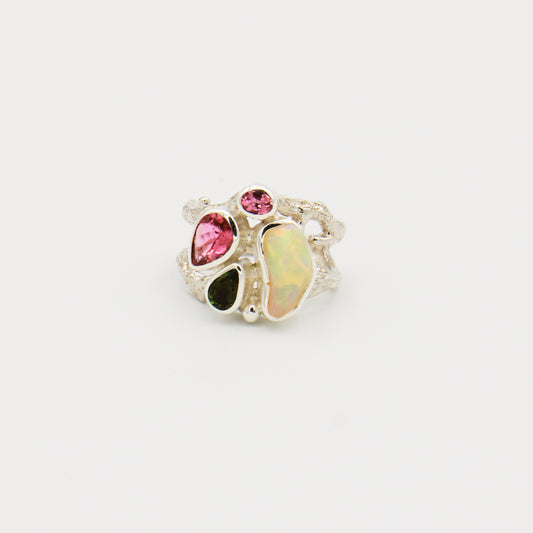 Ethiopian Opal & Tourmaline Sterling Branch Ring Size 8