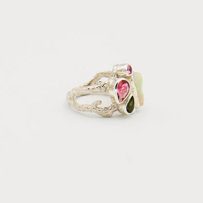 Ethiopian Opal & Tourmaline Sterling Branch Ring Size 8