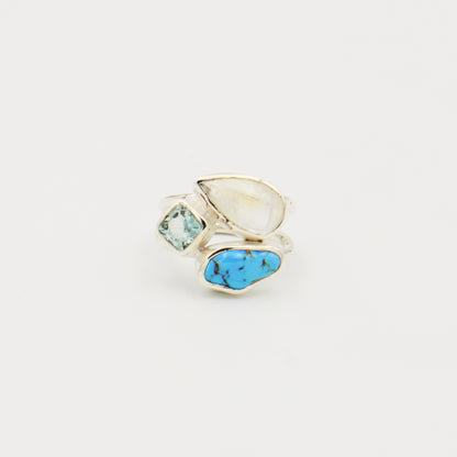 Moonstone, Aqua & Turq. Sterling Ring Size 8