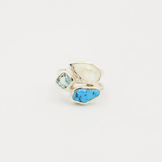 Moonstone, Aqua & Turq. Sterling Ring Size 8