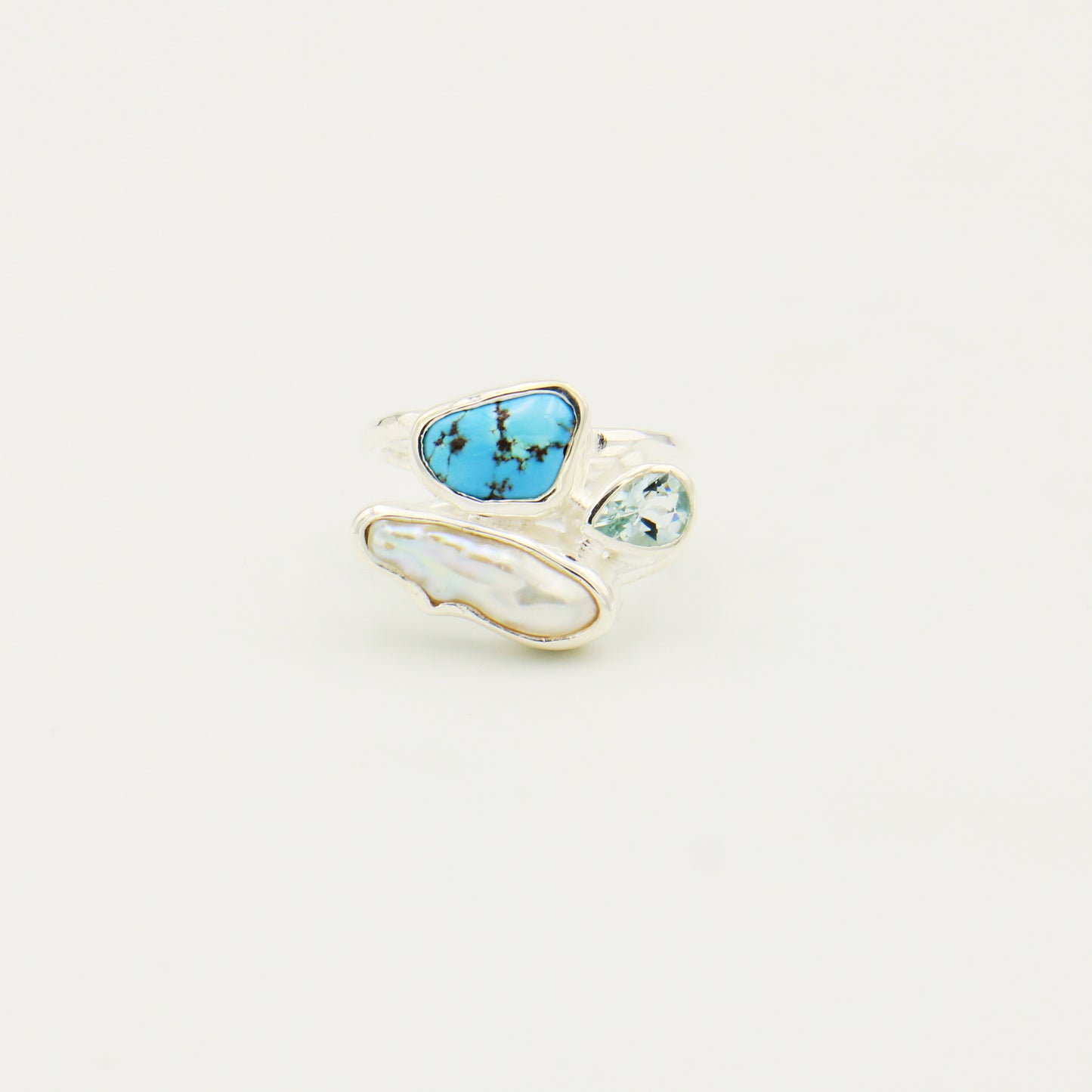Turquoise, Aqua & Pearl Sterling Ring Size 8.5