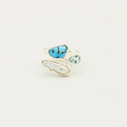 Turquoise, Aqua & Pearl Sterling Ring Size 8.5