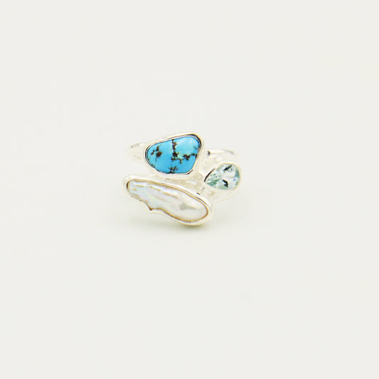 Turquoise, Aqua & Pearl Sterling Ring Size 8.5