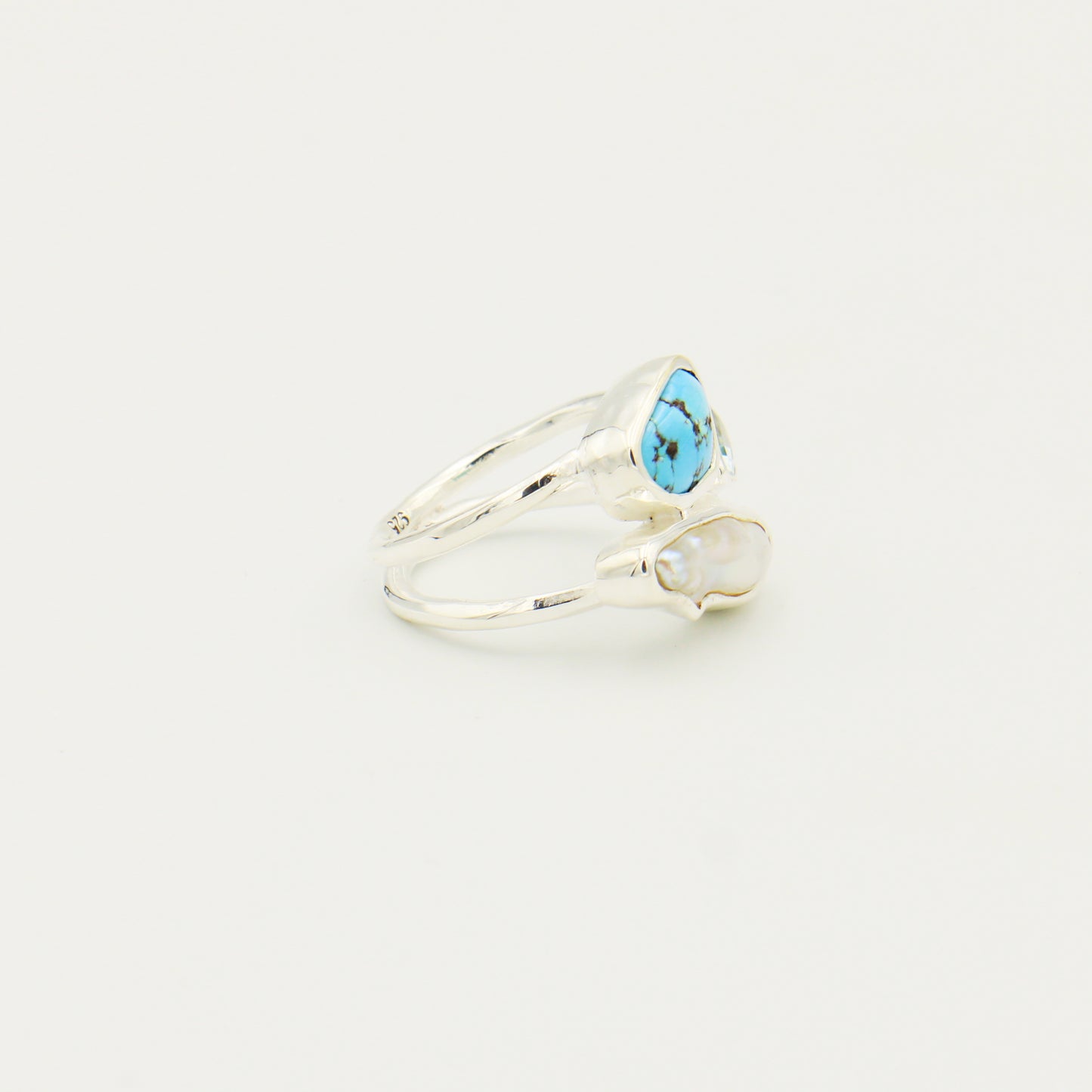Turquoise, Aqua & Pearl Sterling Ring Size 8.5