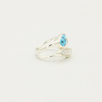 Turquoise, Aqua & Pearl Sterling Ring Size 8.5