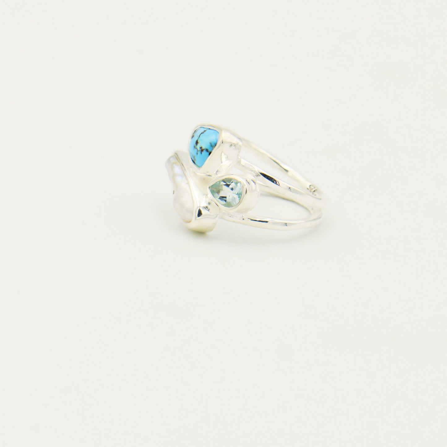 Turquoise, Aqua & Pearl Sterling Ring Size 8.5