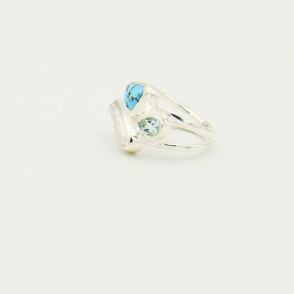 Turquoise, Aqua & Pearl Sterling Ring Size 8.5