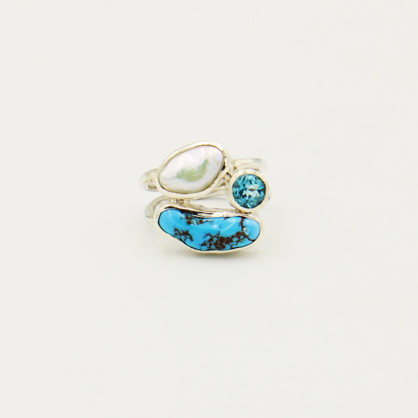 Turquoise, Blue Topaz and Pearl Sterling Ring Size