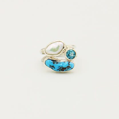 Turquoise, Blue Topaz and Pearl Sterling Ring Size