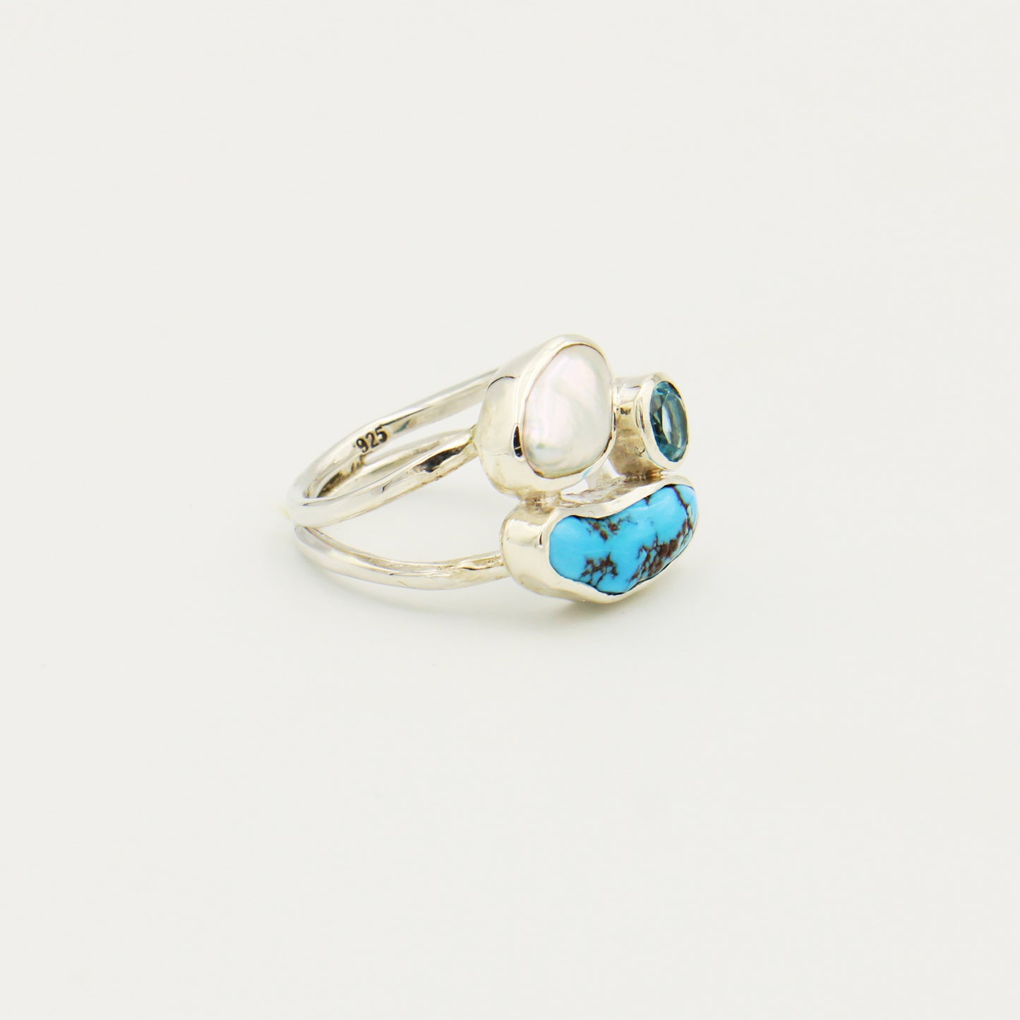 Turquoise, Blue Topaz and Pearl Sterling Ring Size