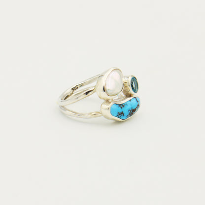 Turquoise, Blue Topaz and Pearl Sterling Ring Size