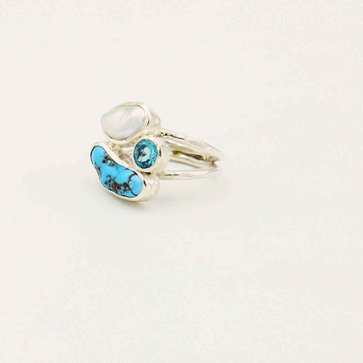 Turquoise, Blue Topaz and Pearl Sterling Ring Size