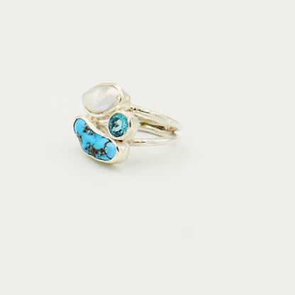 Turquoise, Blue Topaz and Pearl Sterling Ring Size