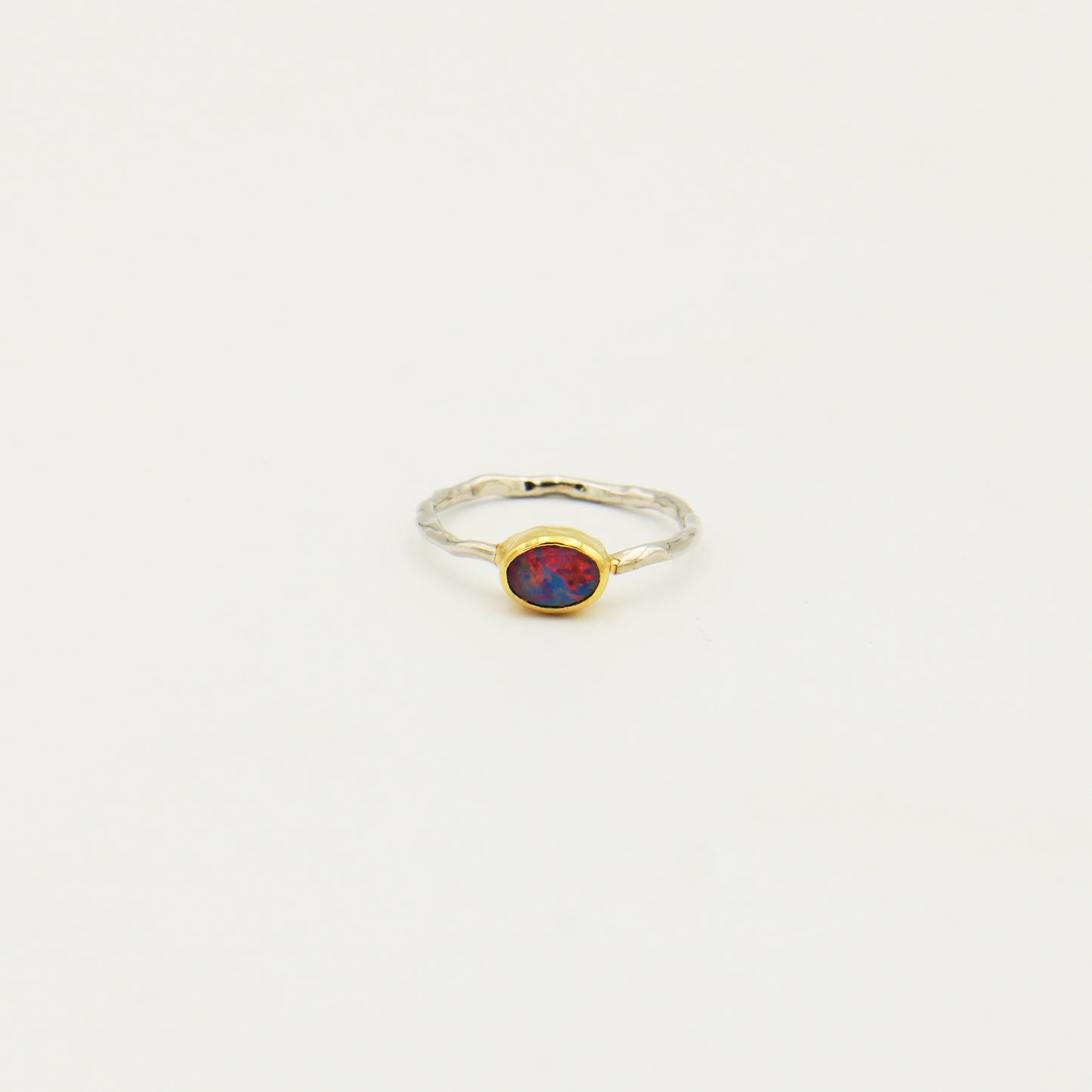 Dainty Oval Australian Opal GP Hammered Sterling Ring Size 6