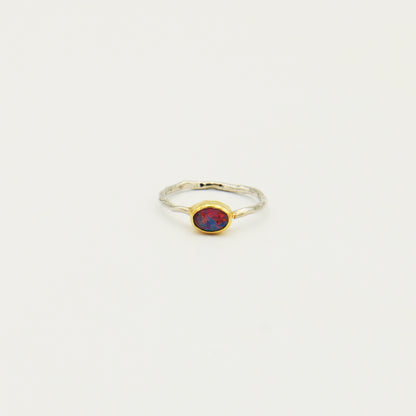 Dainty Oval Australian Opal GP Hammered Sterling Ring Size 6