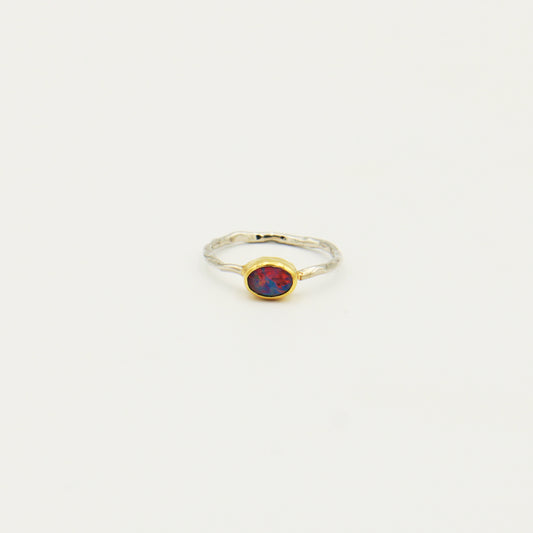 Dainty Oval Australian Opal GP Hammered Sterling Ring Size 6