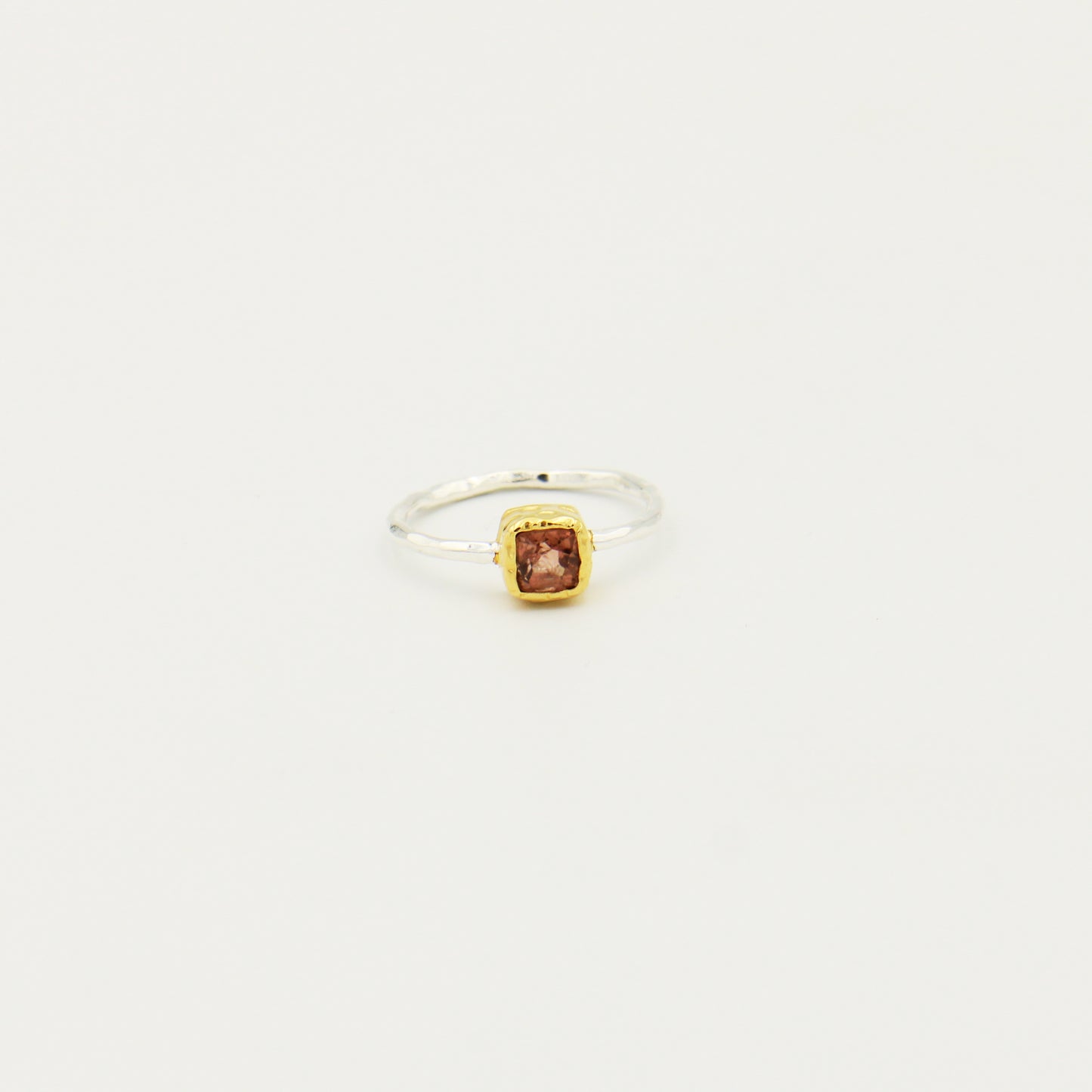 Dainty Square Pink Tourmaline GP Hammered Sterling Ring Size 6
