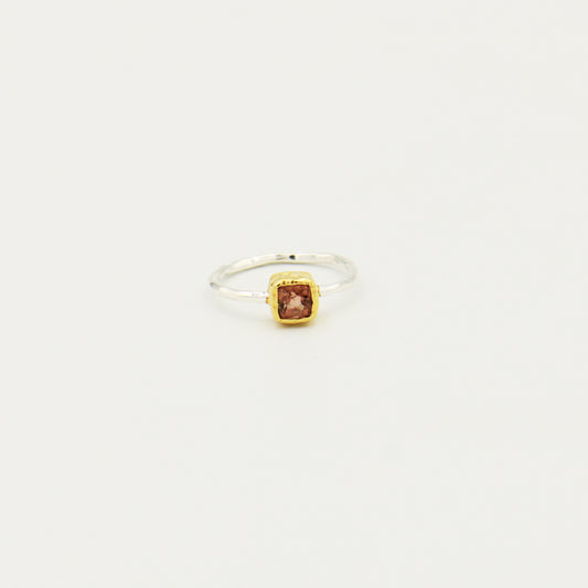 Dainty Square Pink Tourmaline GP Hammered Sterling Ring Size 6
