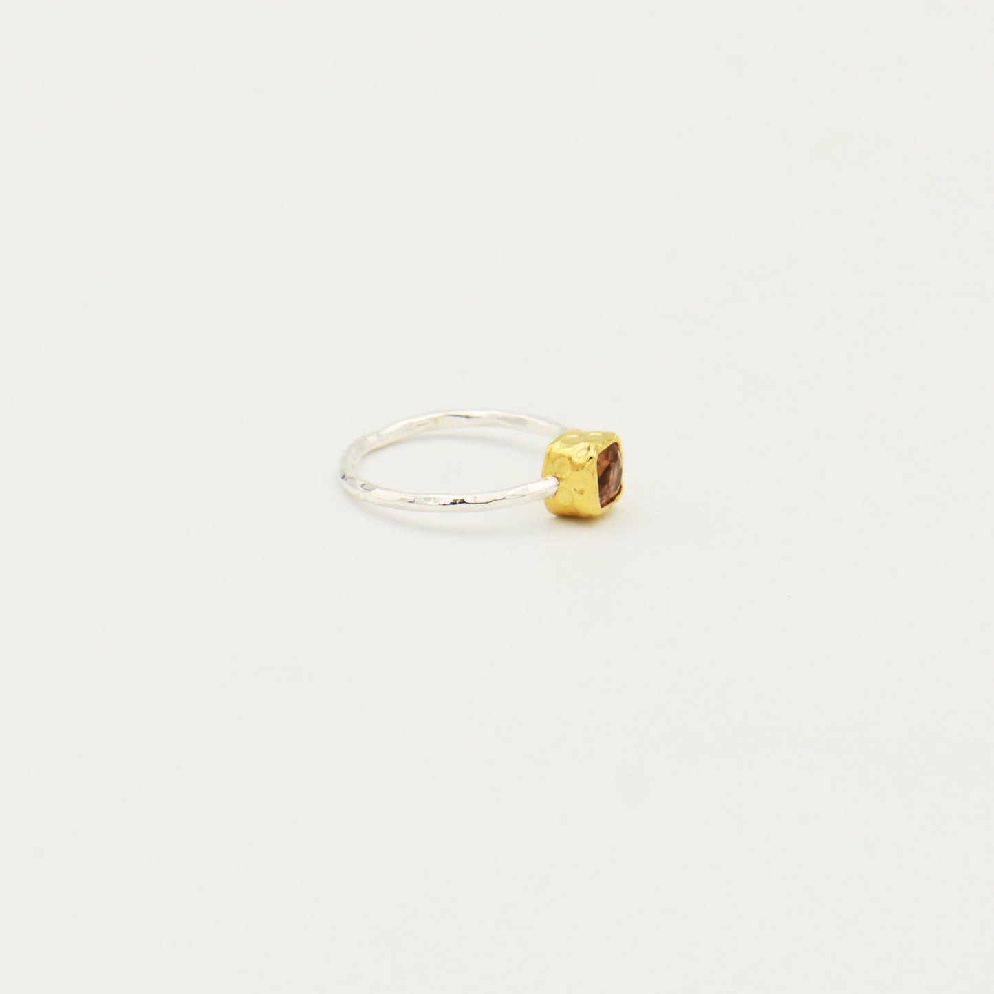 Dainty Square Pink Tourmaline GP Hammered Sterling Ring Size 6