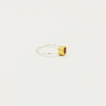 Dainty Square Pink Tourmaline GP Hammered Sterling Ring Size 6