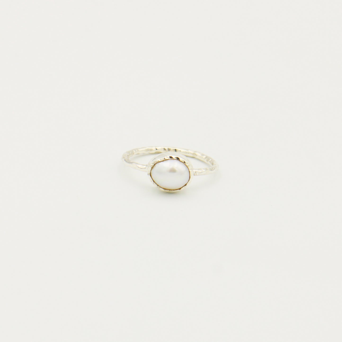 White Pearl Dainty Hammered Sterling Ring Size 7