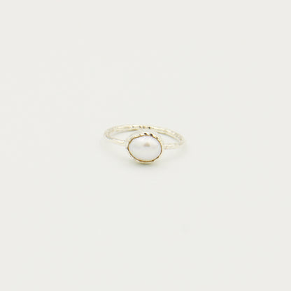 White Pearl Dainty Hammered Sterling Ring Size 7