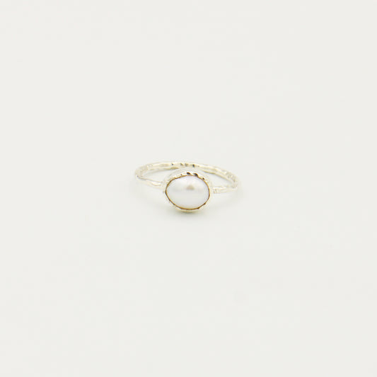 White Pearl Dainty Hammered Sterling Ring Size 7