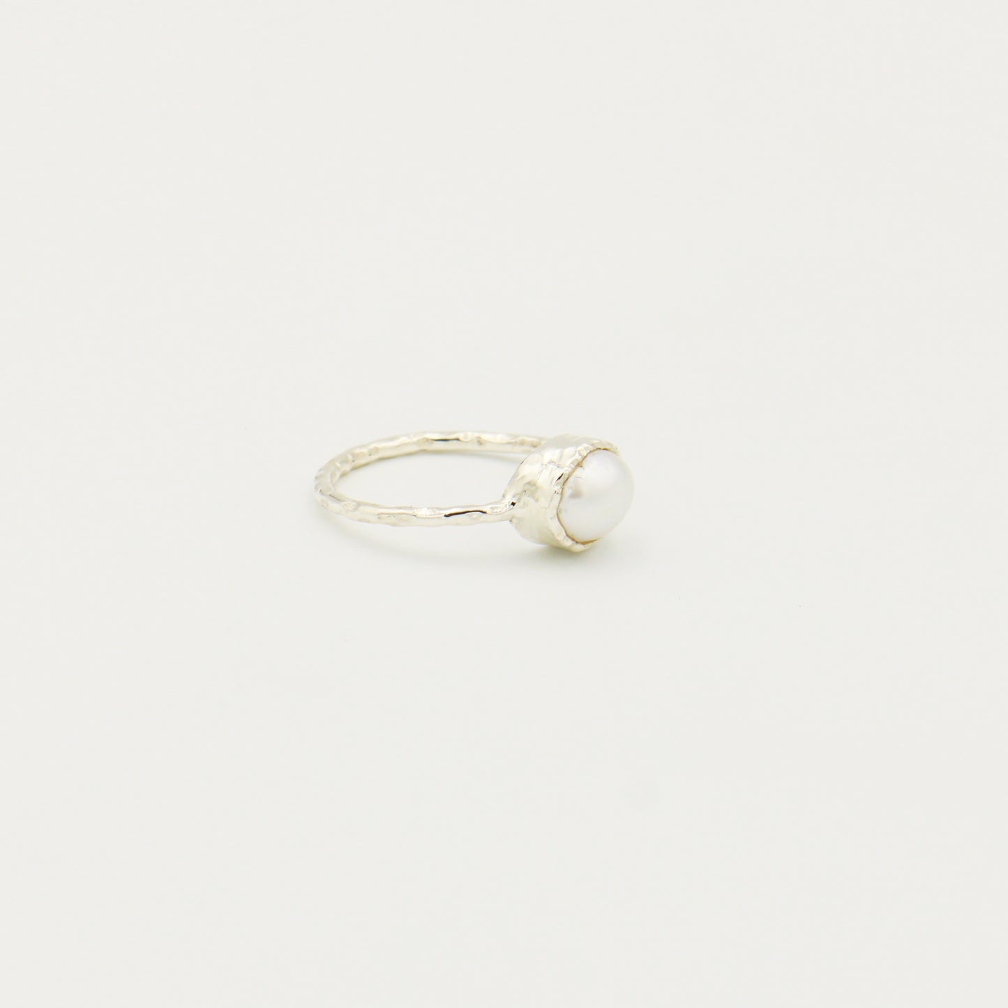 White Pearl Dainty Hammered Sterling Ring Size 7