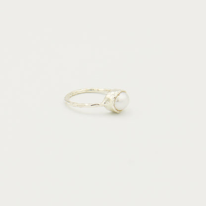 White Pearl Dainty Hammered Sterling Ring Size 7