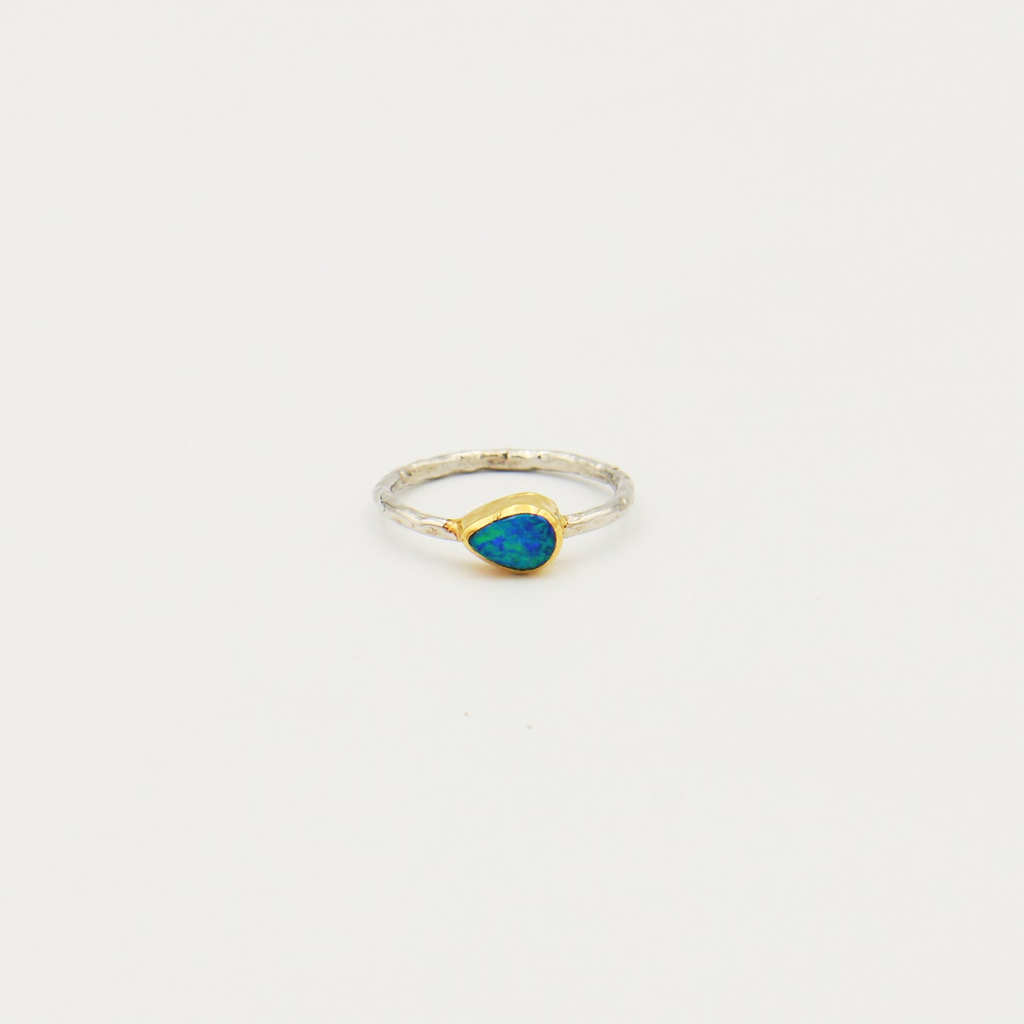 Dainty Australian Opal Pear GP Hammered Sterling Ring Size 5